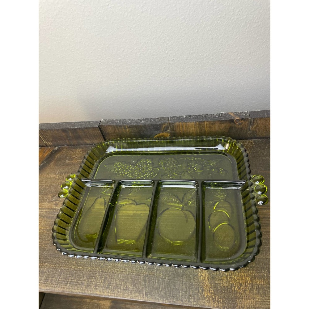 1960s Indiana Glass Co Green Glass Fruit Graphic Sectional Serving Dish